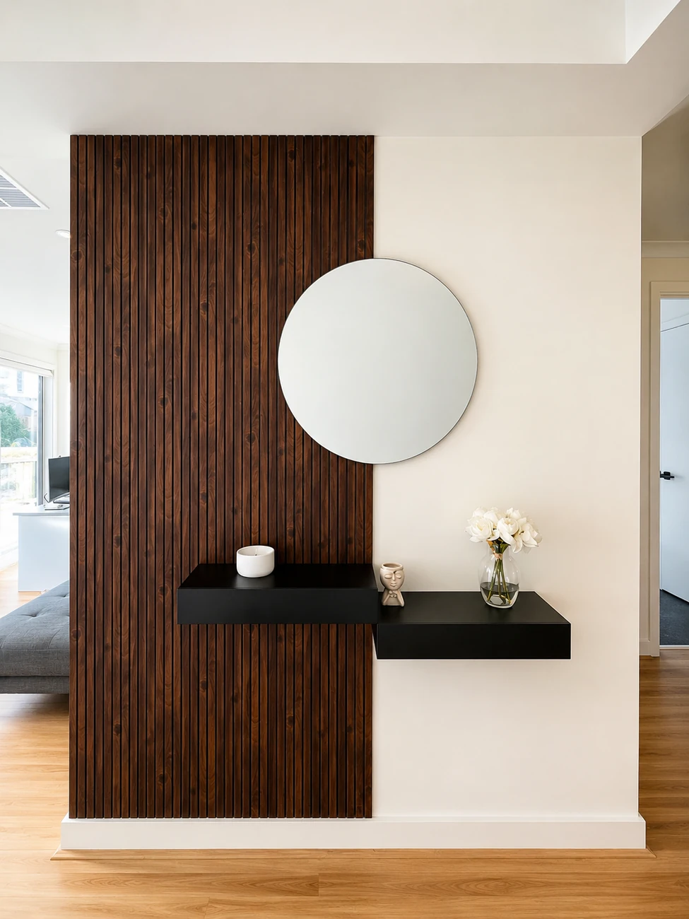 ANMORRA timber feature wall and mirror interior detail